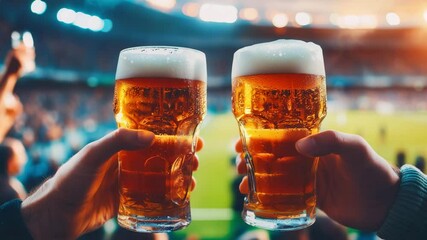 Friends raise their glasses of beer in celebration during a sports event in a vibrant stadium filled with cheering fans