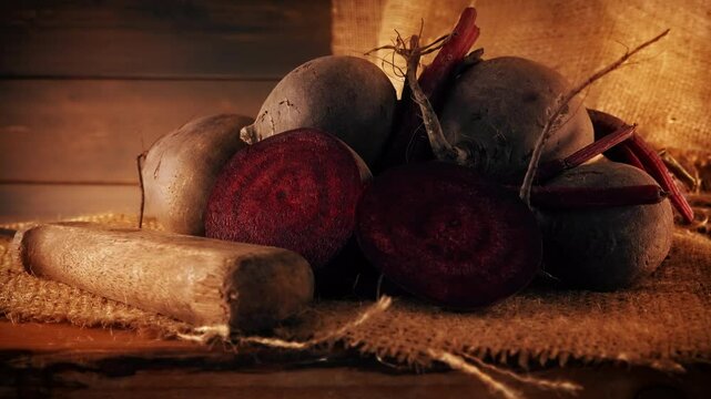 Sliced beetroot warm rustic backdrop presentation stock footage