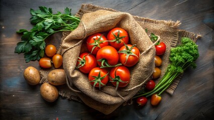 A burlap sack filled with ripe red tomatoes sits on a rustic wooden table, surrounded by potatoes and fresh parsley sprigs, creating a vibrant and rustic still life