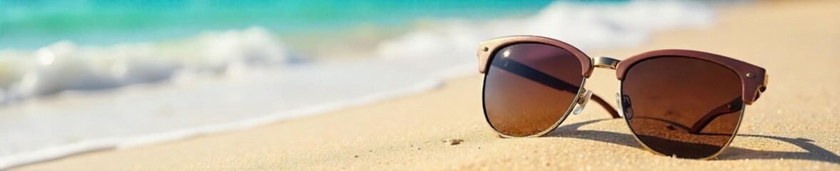 Stylish Mirrored Sunglasses Resting on Sandy Beach, Ocean Waves Gently Crashing in Background; Perfect for Summer Vacation, Travel, and Beach Lifestyle Stock Photos.