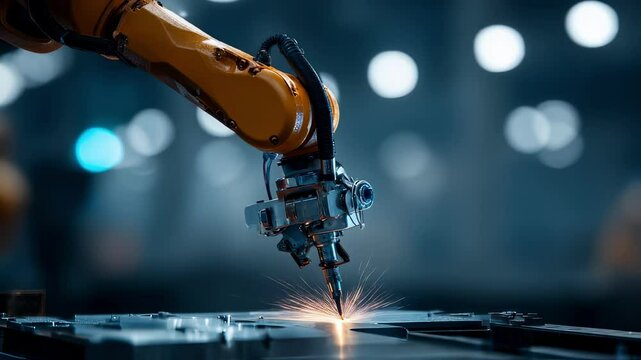 Robotic arm utilizing a laser constructs an object layer by layer on a platform. The process showcases advanced technology in modern manufacturing and precision engineering