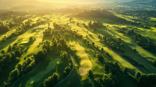 Golf course aerial view green landscape sunlight trees fairway nature outdoor grass summer peaceful scenery rolling hills recreation countryside parkland open space terrain daylight field lawn