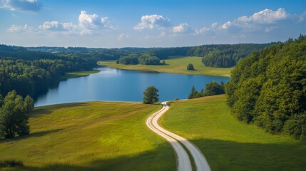 Aerial view of a country road in a green summer forest and lake