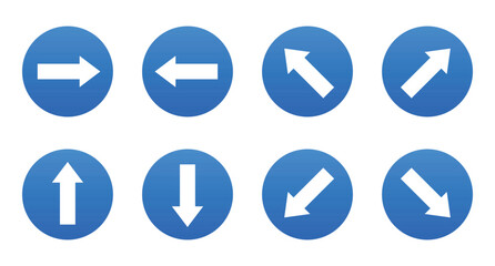 Eight blue round navigation signs with direction arrows pointing different directions including right, left, up, down, and diagonally are displayed on a white background.