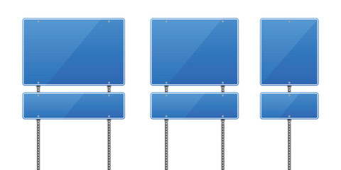 Three blank blue road signs are on display against a stark white background. Each features a larger sign above a smaller one. They are mounted on metal poles. 