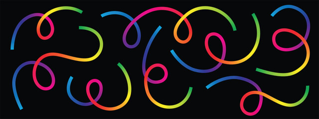 Whimsical arrangement of rainbow-colored ribbons. These vibrant strands twist and curve against the stark black background, creating a festive, energetic, and eye-catching display.