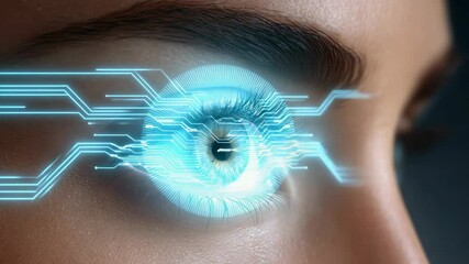 Human eye digital circuit glowing blue overlay represents ai technology futuristic vision close up with digital ai interface glowing futuristic - Powered by Adobe