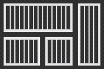 This image showcases a set of pristine white railings arranged in various sizes and orientations. The composition emphasizes clean lines against a checkered background.