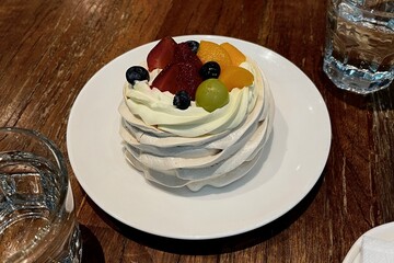 Pavlova with Fresh Berries and Fruit, Almost Flatlay View