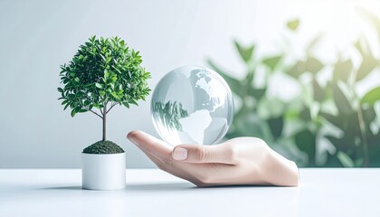 Hand Holding Glass Globe And A Potted Tree Illustrating Environmental Protection Against Bright White Background