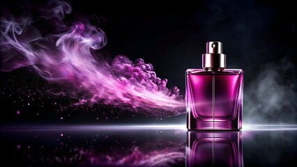 A luxurious purple perfume bottle is captured in a dramatic closeup, with pink smoke swirling around it, creating a glamorous and sensual atmosphere