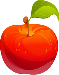 Cartoon raw ripe red apple fruit. Isolated vector whole juicy plant with a vibrant ruby peel, green leaf, sweet flavor and crisp texture. Refreshing and nutritious snack. Healthy garden vitamin food