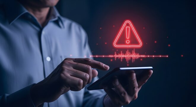 Man in shirt holding tablet, pointing at red glowing warning triangle with alert sound waves on digital screen.