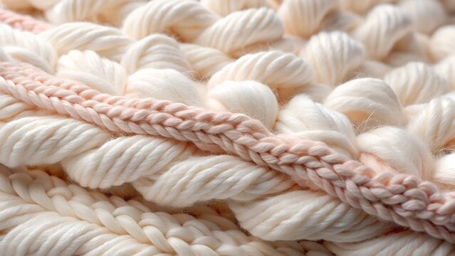 Closeup view of soft cream and pink knitted yarn texture with detailed pattern