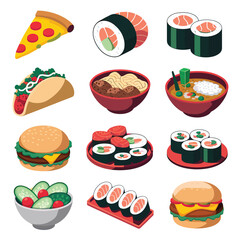 vector icons cooking food chef hat include a pizza slice, a sushi roll, spaghetti and meatballs, a curry bowl burger , fish 
