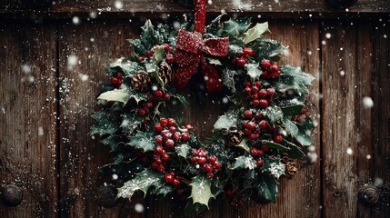 Festive holly wreath with red bow adorns a snowy wooden door