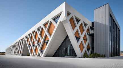 Naklejka premium Modern facade football stadium geometric pattern concrete glass wood architecture exterior sunny day contemporary style