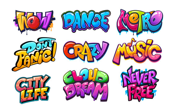 Urban street art graffiti cool artworks of paint spray writing on wall, cartoon vector. Graffiti doodle font and urban street art text artwork words of wow, dance and metro, crazy music and city life