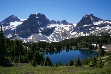 Mountain Lake with Snow-Capped Peaks and Pine Forests