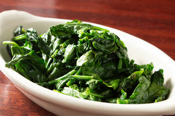 A view of a bowl of sauteed spinach.