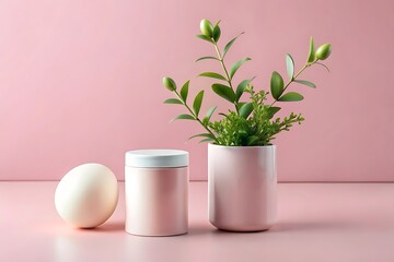 Obraz premium Pink minimalist product display: pastel container, white sphere, and green plant in a blush pot against a soft pink background.