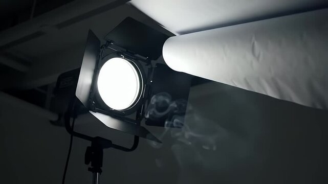 Bright Studio Lighting Setup Featuring a Metallic Reflector and Diffusion Cylinder for Professional Film and