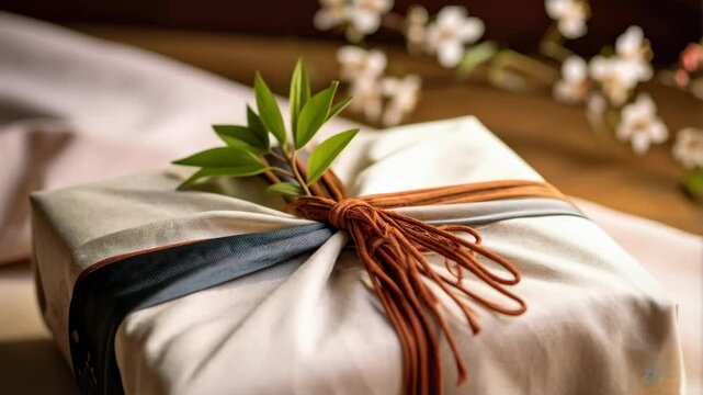 Elegant gift wrapped in cloth with organic style string, adorned with a fresh green sprig and soft floral background.