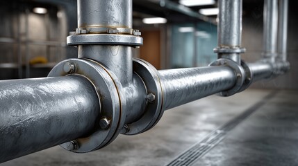 A close-up of industrial metal pipes with joints and bolts, showcasing their sturdy construction and metallic texture. The image highlights the complexity and strength of industrial plumbing systems.