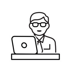 Work icon. Online work. Man wearing tie and glasses working in front of laptop. meeting, teamwork, remote. Outline design style