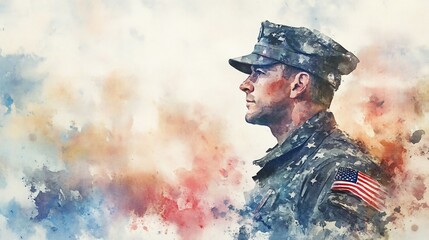 Watercolor Portrait of a Proud American Soldier in Military Uniform