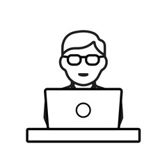 Work icon. Online work. Man working in front of laptop. meeting, teamwork, remote. Outline design style