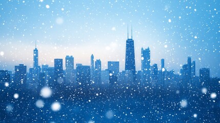 Winter cityscape: Snowfall over the blue skyline of Chicago, Illinois