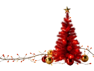 Red Christmas Tree Gold Ornaments Red Berries Lights Festive Decor isolated on a transparent background