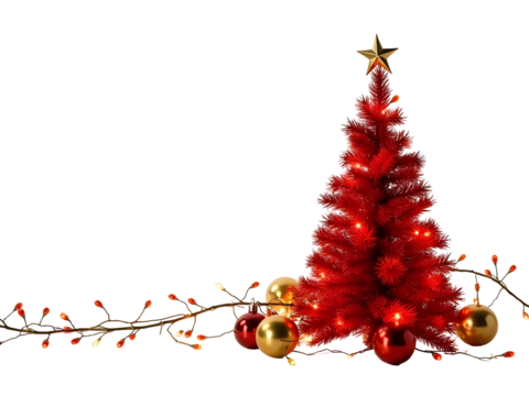 Red Christmas Tree Gold Ornaments Red Berries Lights Festive Decor isolated on a transparent background