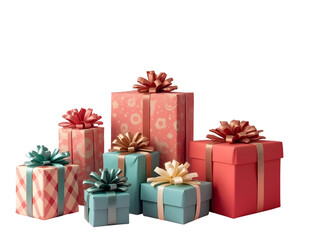 Fototapeta premium Assorted Pastel Pink Red Blue Green Wrapped Christmas Presents with Bows Isolated on a Transparent Background
