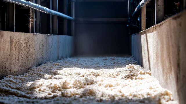 In the heart of the plant, a closeup shot captures the controlled environment of an anaerobic digester. Bacteria break down organic waste materials, producing biogas, which is collected