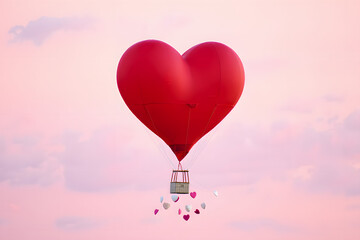 Fototapeta premium Romantic red heart-shaped hot air balloon ascending in a pastel pink sunrise sky, carrying small decorative hearts.