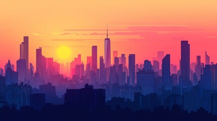Vibrant Cityscape Silhouette at Sunset: A Modern Urban Illustration