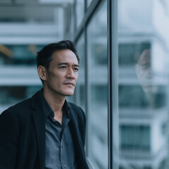 Visionary Contemplation: A focused, middle-aged individual stands by a vast window. Deep in thought, lost in the reflection of the architecture outside.
