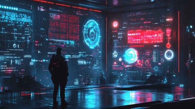 Futuristic cyber security analyst monitoring complex data network