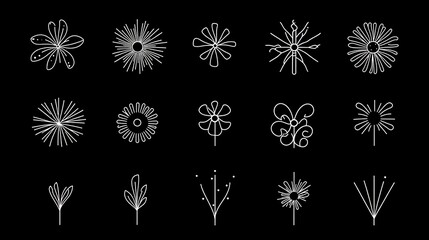 Minimalist Floral Icons Set: Elegant Line Art on Black Background