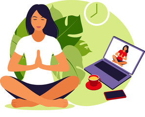Girl watching online classes on laptop, practicing yoga, meditation. Meditation concept, relax, recreation, healthy lifestyle, yoga. Woman in lotus pose on transparent background