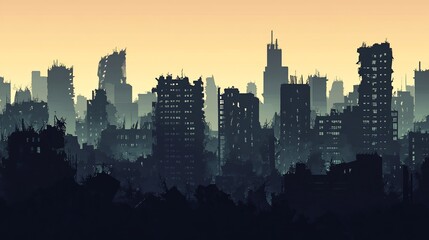 Post-Apocalyptic Cityscape Silhouette: A Haunting Urban Wasteland