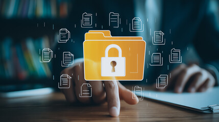 Secure Digital Sanctuary: A visual representation of data security featuring a glowing folder icon secured with a padlock, representing safeguarding information.