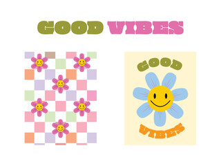 Groovy good vibes lettering, blue daisy, yellow face, pastel squares, positive mood, vintage cartoon vector