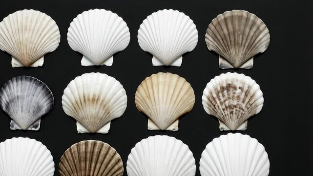 Arrangement of Scallop Sea Shells, featuring variations in color, displayed against a stark black background.