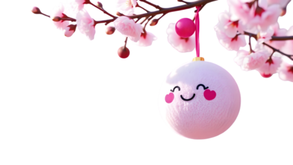 Cherry Blossom Ornament: A delicate cherry blossom branch frames a cheerful, pink ornament with a smiling face, radiating joy and springtime freshness, a beautiful blend of nature and whimsy.