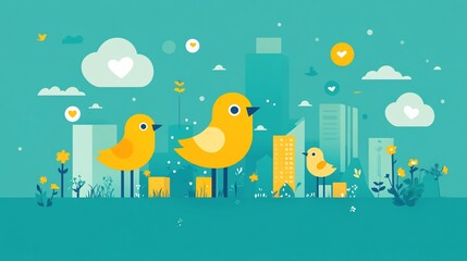 Cute Yellow Birds in a Stylized Cityscape Vector Illustration