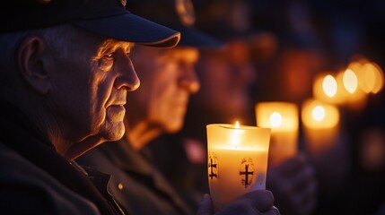 Remembrance and Reflection: Veterans Holding Candles in somber Vigil