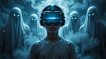 Teen boy wearing VR headset surrounded by ghostly white figures in dark blue misty background. Concept of virtual reality horror and gaming - Powered by Adobe
